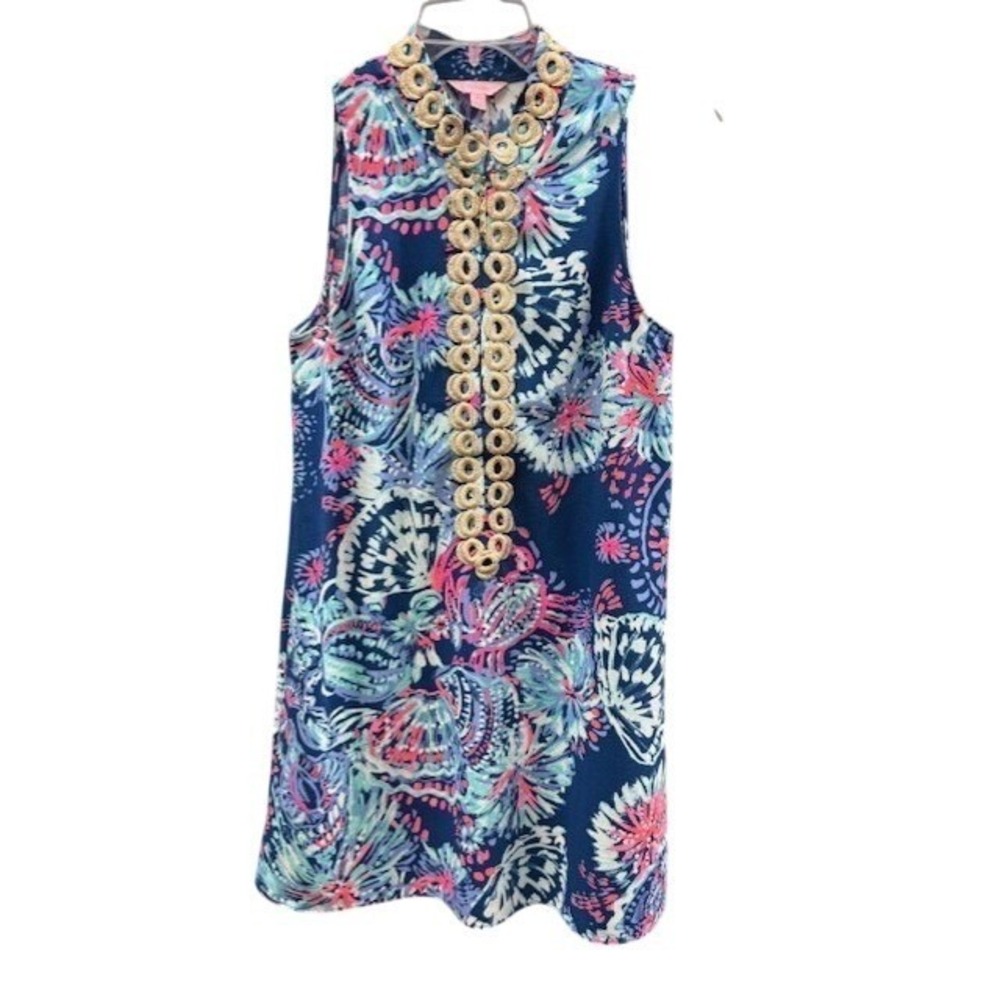Lilly Pulitzer Navy Blue Shell Crab Print Soutache Trim Shift‎ Dress Womens 4